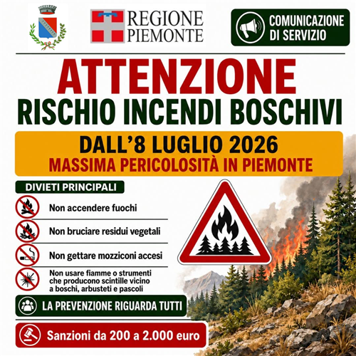 Dall8 luglio in Piemonte stato di massima pericolosità per incendi boschivi