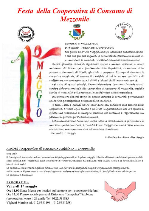 Primo Maggio Festa dei Lavoratori e della Cooperativa di Consumo di Mezzenile